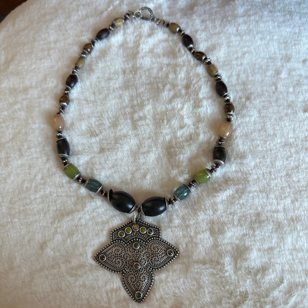 Boho Artisan Beaded Necklace Tribal Filigree Pendant Statement Earthy Y2K Witchy